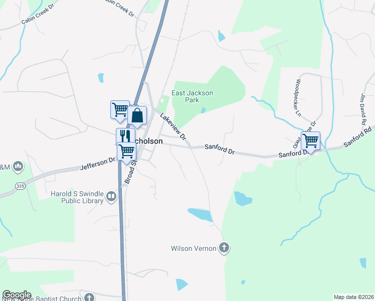 map of restaurants, bars, coffee shops, grocery stores, and more near 204 Sanford Drive in Nicholson