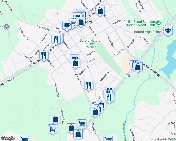 map of restaurants, bars, coffee shops, grocery stores, and more near 613 South Church Street in Buford