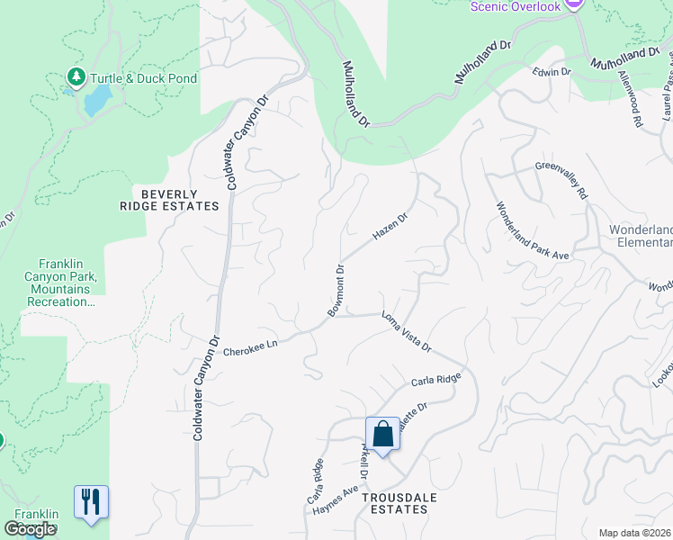 map of restaurants, bars, coffee shops, grocery stores, and more near 2265 Bowmont Drive in Beverly Hills