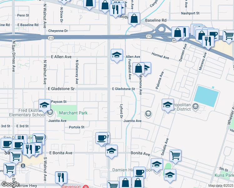 map of restaurants, bars, coffee shops, grocery stores, and more near 727 Glenlea Street in La Verne