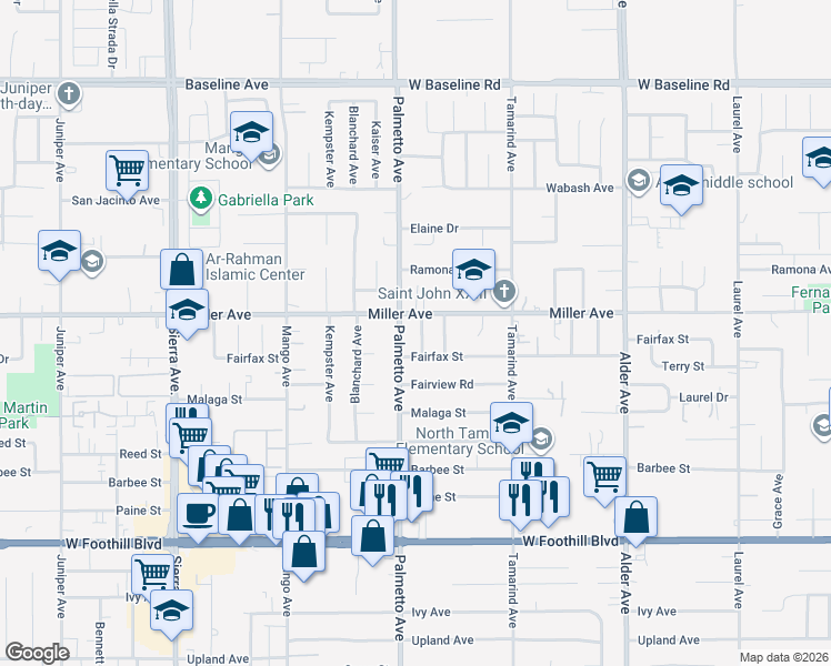 map of restaurants, bars, coffee shops, grocery stores, and more near 7749 Encinitas Avenue in Fontana