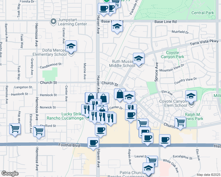 map of restaurants, bars, coffee shops, grocery stores, and more near 10555 Wilding Drive in Rancho Cucamonga