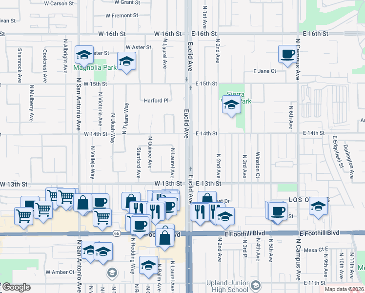 map of restaurants, bars, coffee shops, grocery stores, and more near 1364 North Laurel Avenue in Upland