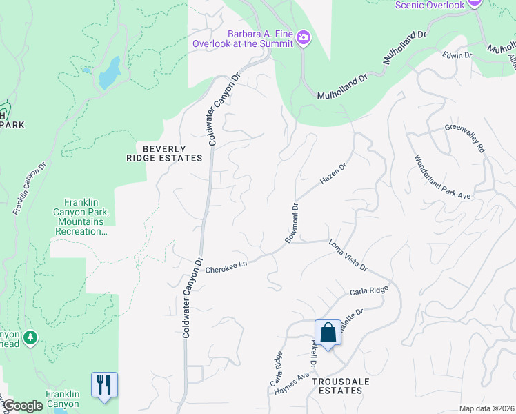 map of restaurants, bars, coffee shops, grocery stores, and more near 2315 Kimridge Road in Beverly Hills