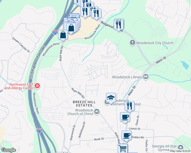 map of restaurants, bars, coffee shops, grocery stores, and more near 1407 Bay Overlook Drive in Woodstock