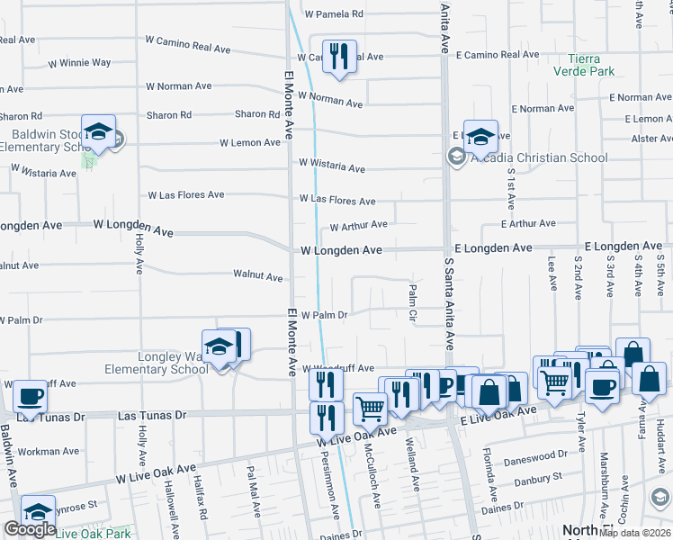 map of restaurants, bars, coffee shops, grocery stores, and more near 2220 Sewanee Lane in Arcadia