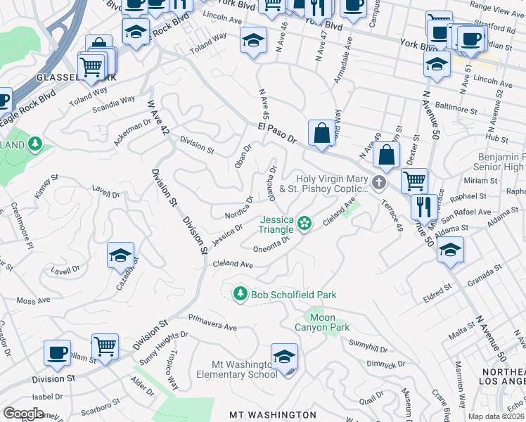 map of restaurants, bars, coffee shops, grocery stores, and more near 4623 Jessica Drive in Los Angeles