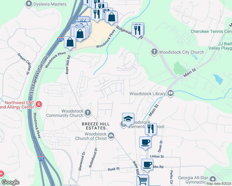 map of restaurants, bars, coffee shops, grocery stores, and more near 1420 Bay Overlook Drive in Woodstock