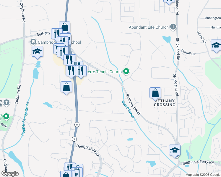 map of restaurants, bars, coffee shops, grocery stores, and more near 13564 Weycroft Circle in Alpharetta