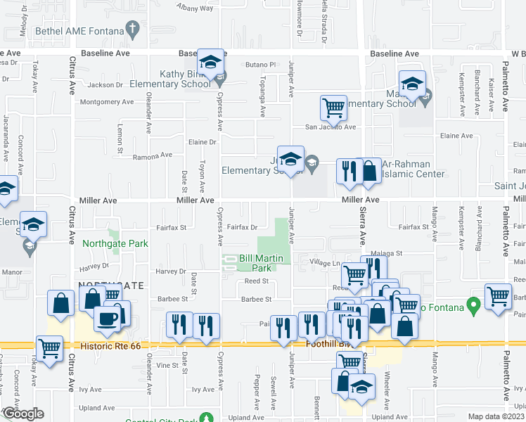 map of restaurants, bars, coffee shops, grocery stores, and more near 7730 Sewell Drive in Fontana