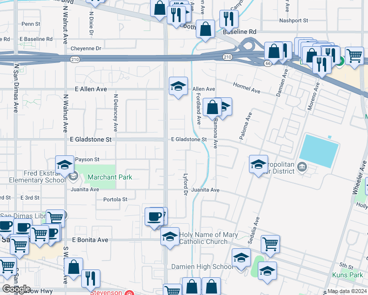 map of restaurants, bars, coffee shops, grocery stores, and more near 743 Glenlea Street in La Verne