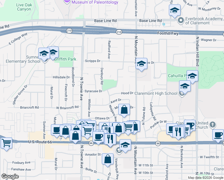 map of restaurants, bars, coffee shops, grocery stores, and more near 888 Syracuse Drive in Claremont