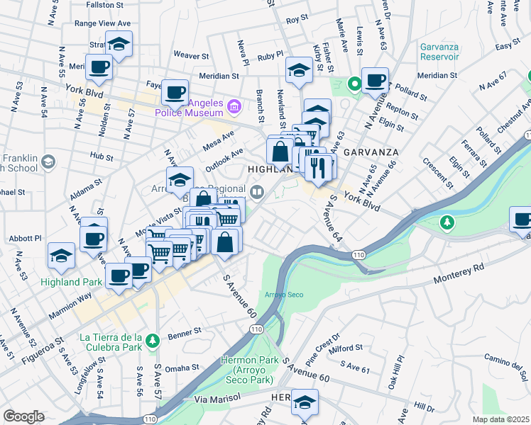map of restaurants, bars, coffee shops, grocery stores, and more near 6227 Echo Street in Los Angeles