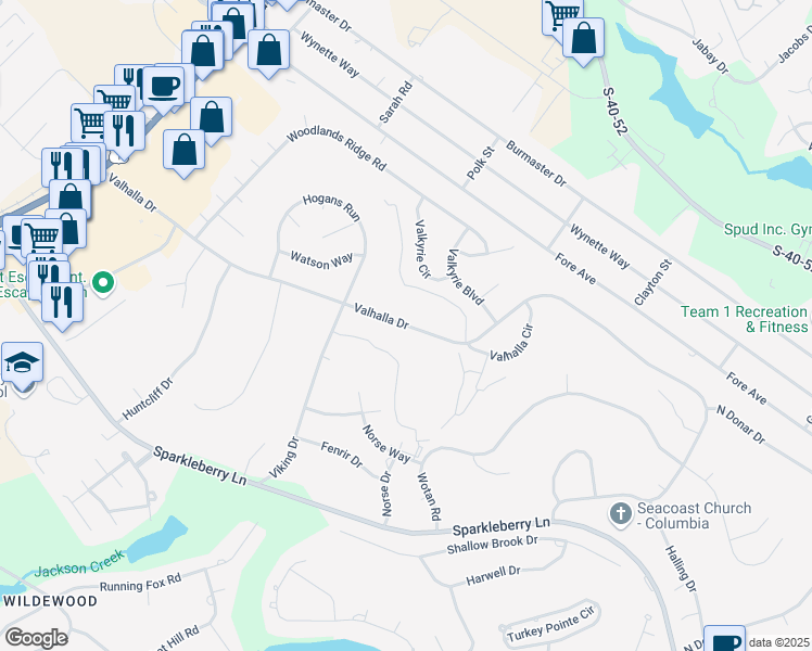 map of restaurants, bars, coffee shops, grocery stores, and more near 817 Valhalla Drive in Columbia