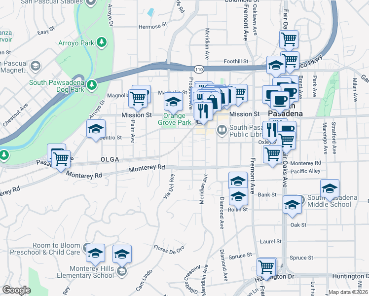 map of restaurants, bars, coffee shops, grocery stores, and more near 1112 Glendon Court in South Pasadena