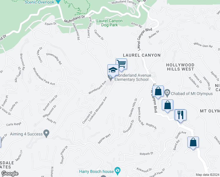 map of restaurants, bars, coffee shops, grocery stores, and more near 8539 Lookout Mountain Avenue in Los Angeles