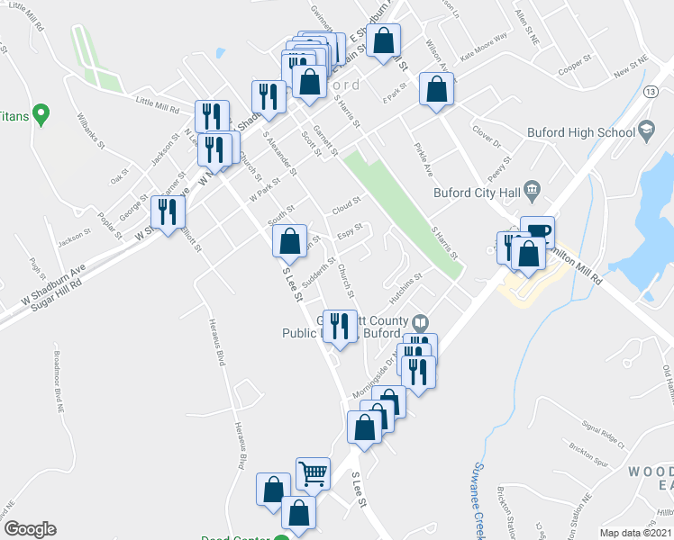 map of restaurants, bars, coffee shops, grocery stores, and more near 613 Church Street in Buford