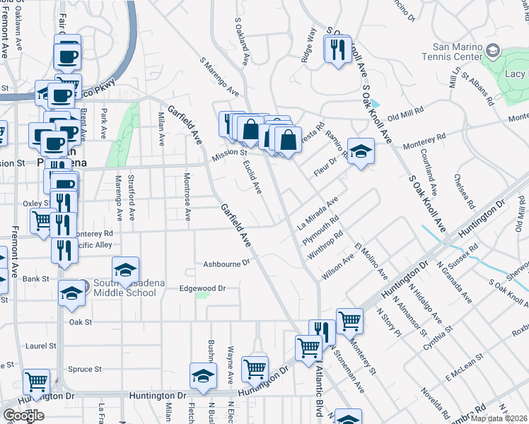 map of restaurants, bars, coffee shops, grocery stores, and more near 1949 Euclid Avenue in San Marino