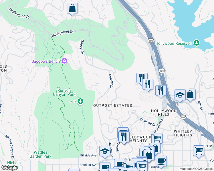 map of restaurants, bars, coffee shops, grocery stores, and more near 2331 Outpost Drive in Los Angeles