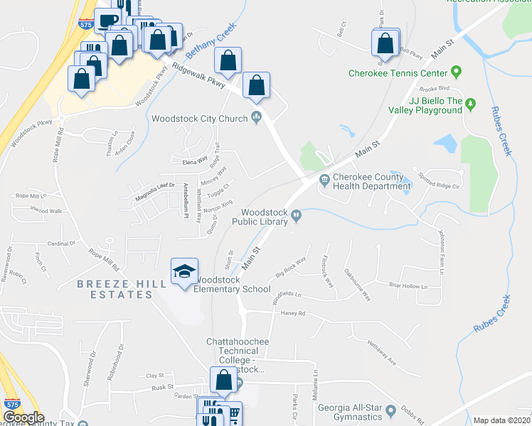 map of restaurants, bars, coffee shops, grocery stores, and more near 7708 Main Street in Woodstock