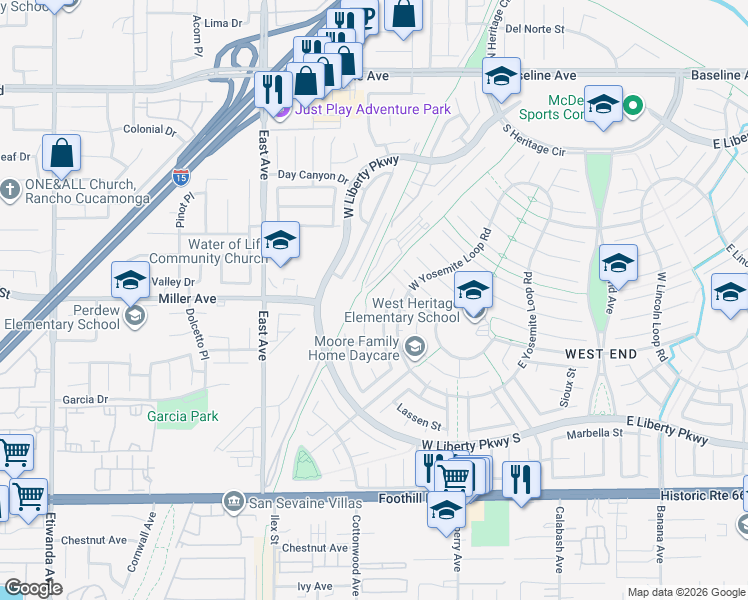 map of restaurants, bars, coffee shops, grocery stores, and more near 13402 Crocker Court in Fontana