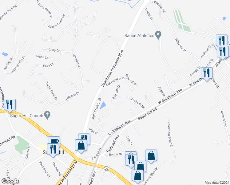map of restaurants, bars, coffee shops, grocery stores, and more near 4966 Briarcliff Drive in Sugar Hill