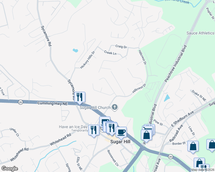 map of restaurants, bars, coffee shops, grocery stores, and more near 5180 Hillcrest Glenn Drive in Sugar Hill