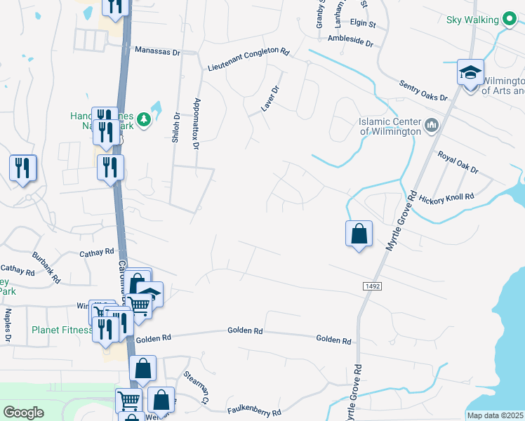map of restaurants, bars, coffee shops, grocery stores, and more near 6524 Fawn Settle Drive in Wilmington