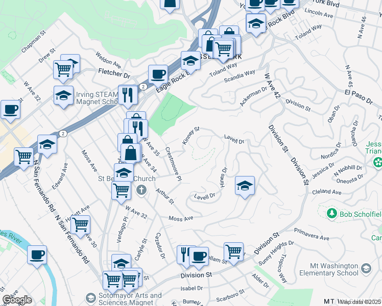 map of restaurants, bars, coffee shops, grocery stores, and more near 2517 El Rosa Drive in Los Angeles
