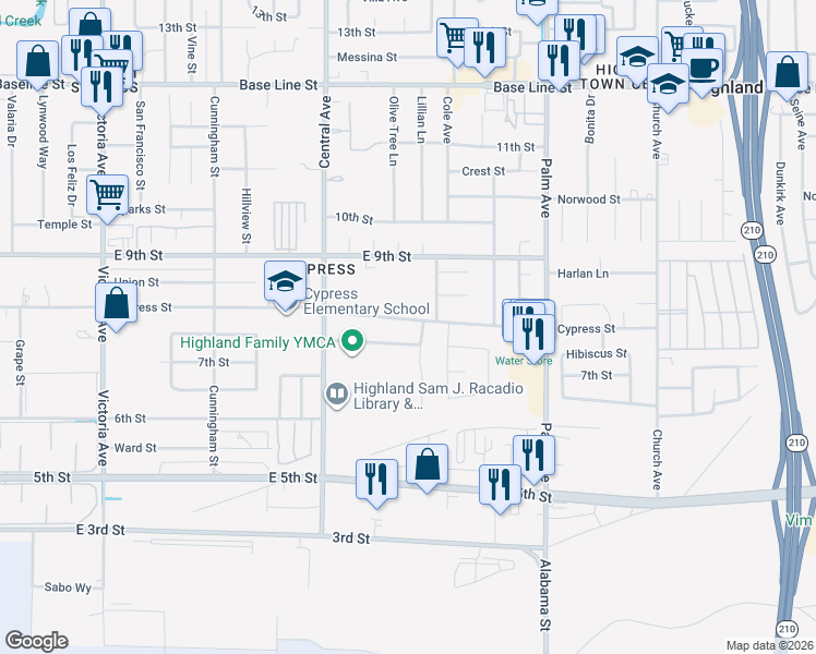 map of restaurants, bars, coffee shops, grocery stores, and more near 27049 Cypress Street in Highland