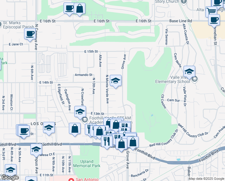 map of restaurants, bars, coffee shops, grocery stores, and more near 1432 Felicita Court in Upland