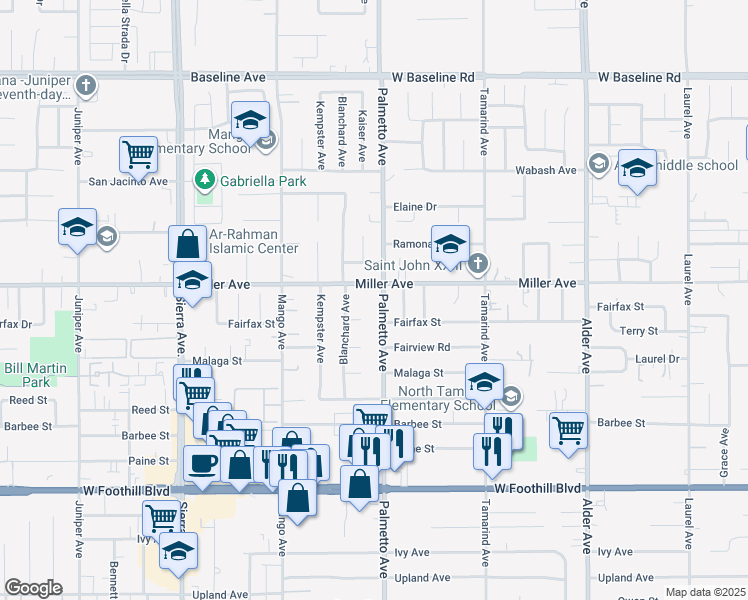 map of restaurants, bars, coffee shops, grocery stores, and more near 7756 Palmetto Avenue in Fontana
