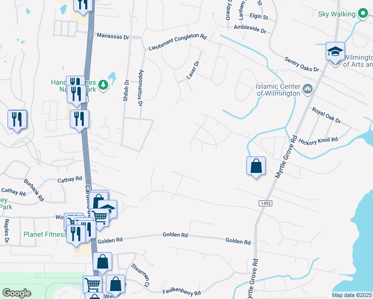 map of restaurants, bars, coffee shops, grocery stores, and more near 6524 Fawn Settle Drive in Wilmington