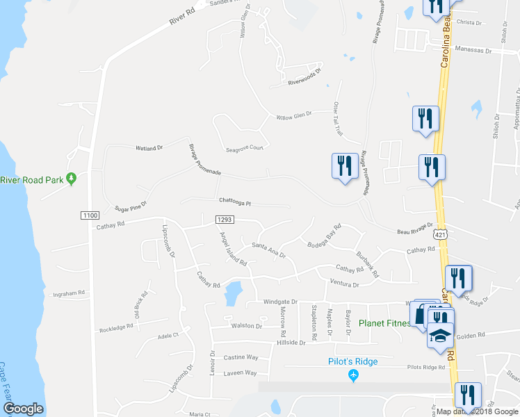 map of restaurants, bars, coffee shops, grocery stores, and more near 516 Chattooga Place Drive in Wilmington