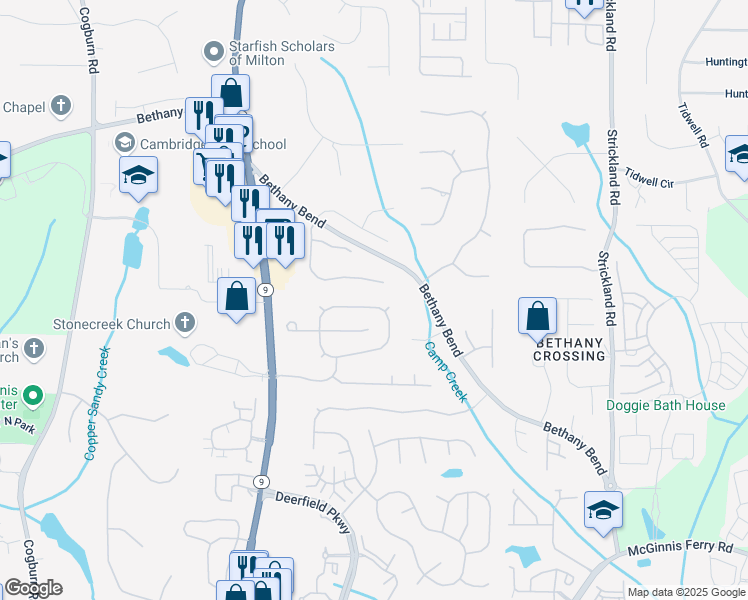 map of restaurants, bars, coffee shops, grocery stores, and more near 13558 Weycroft Circle in Alpharetta