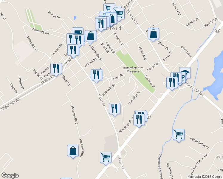 map of restaurants, bars, coffee shops, grocery stores, and more near 220 Sudderth Street in Buford