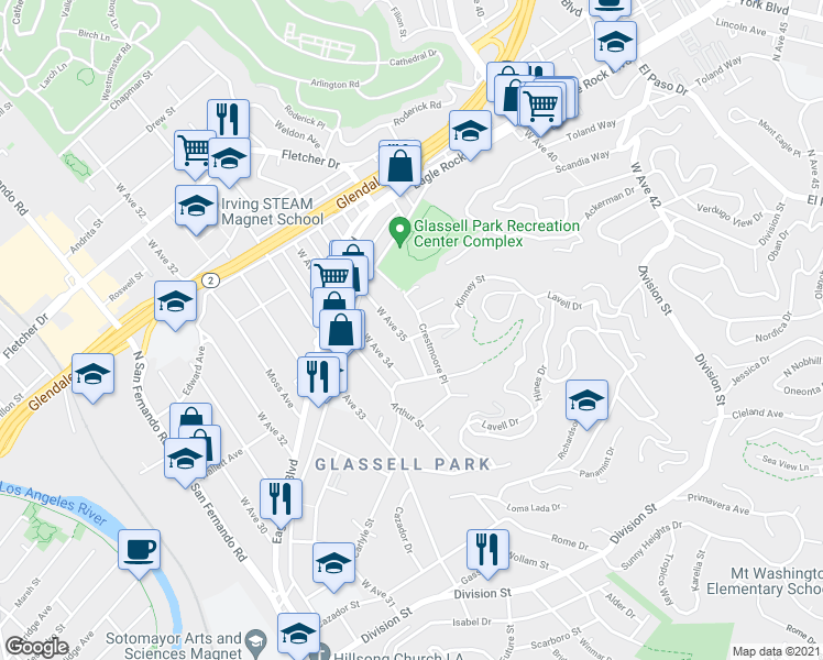 map of restaurants, bars, coffee shops, grocery stores, and more near Kinney Street in Los Angeles
