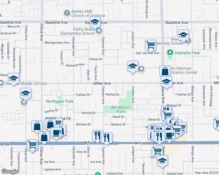 map of restaurants, bars, coffee shops, grocery stores, and more near 7755 Cypress Avenue in Fontana