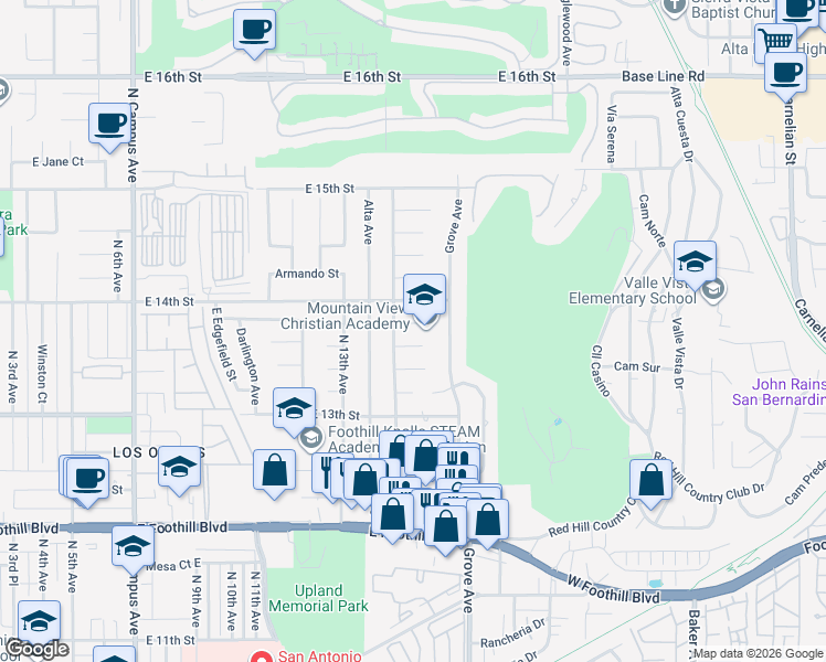 map of restaurants, bars, coffee shops, grocery stores, and more near 1432 Felicita Court in Upland