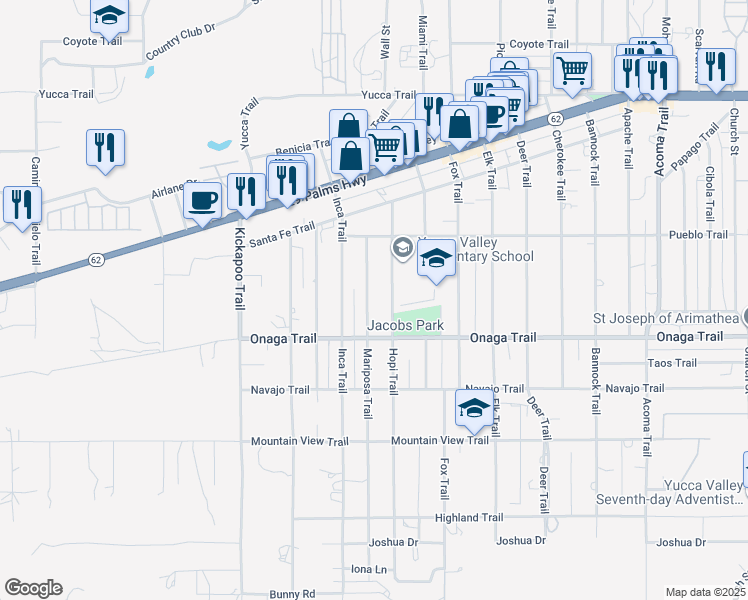 map of restaurants, bars, coffee shops, grocery stores, and more near 7621 Mariposa Trail in Yucca Valley