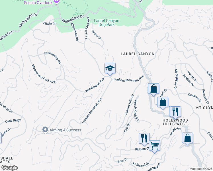 map of restaurants, bars, coffee shops, grocery stores, and more near 8539 Lookout Mountain Avenue in Los Angeles