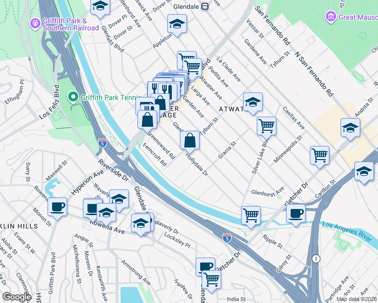 map of restaurants, bars, coffee shops, grocery stores, and more near 3363 Hollydale Drive in Los Angeles