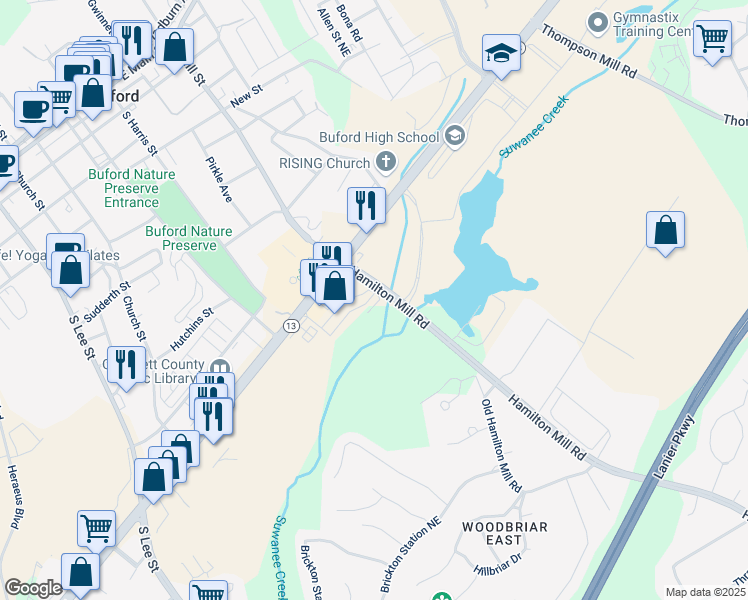 map of restaurants, bars, coffee shops, grocery stores, and more near 4685 White Buckeye Drive in Buford