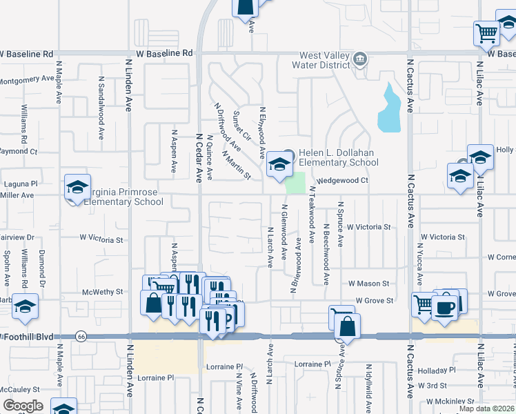 map of restaurants, bars, coffee shops, grocery stores, and more near 1118 West Van Koevering Street in Rialto