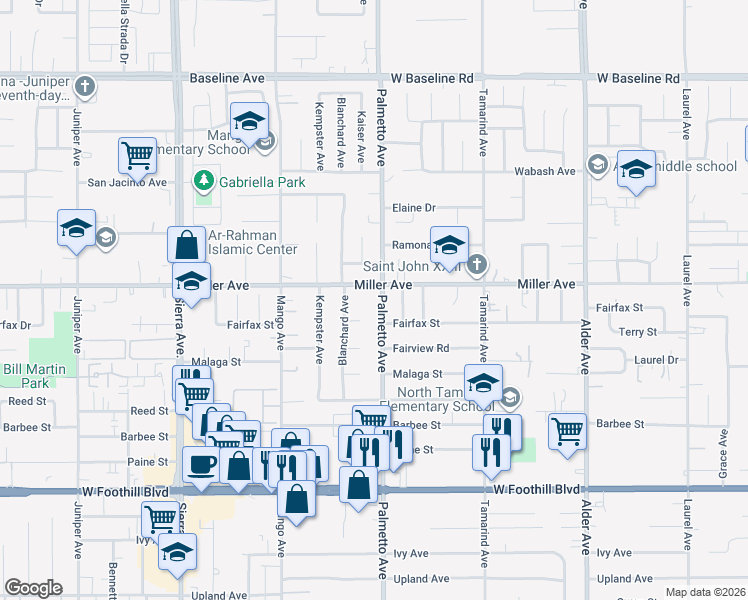map of restaurants, bars, coffee shops, grocery stores, and more near 7756 Palmetto Avenue in Fontana