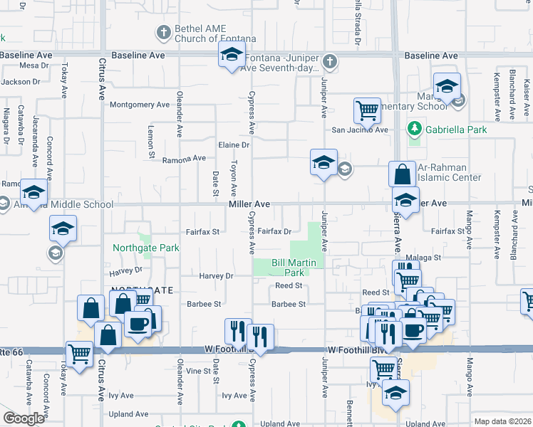 map of restaurants, bars, coffee shops, grocery stores, and more near 7755 Cypress Avenue in Fontana