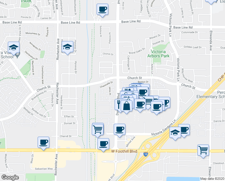 map of restaurants, bars, coffee shops, grocery stores, and more near 7721 Hess Place in Rancho Cucamonga
