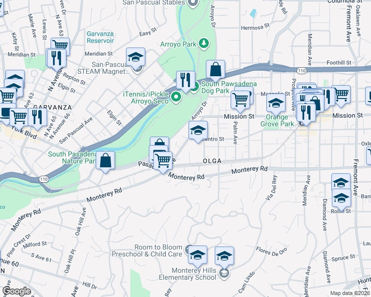 map of restaurants, bars, coffee shops, grocery stores, and more near 315 Pasadena Avenue in South Pasadena