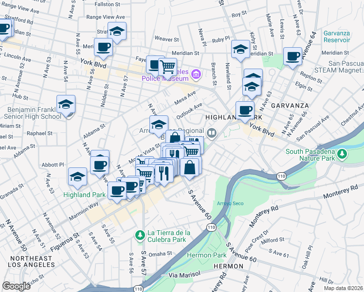 map of restaurants, bars, coffee shops, grocery stores, and more near 150 North Avenue 61 in Los Angeles