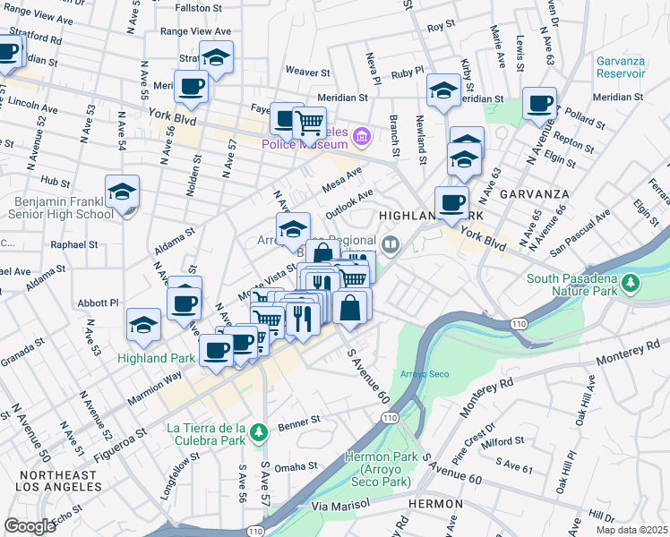 map of restaurants, bars, coffee shops, grocery stores, and more near 150 North Avenue 61 in Los Angeles